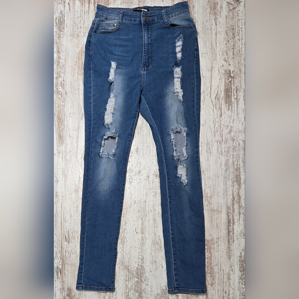 Fashion Nova Blue Distressed High Rise Skinny Jeans